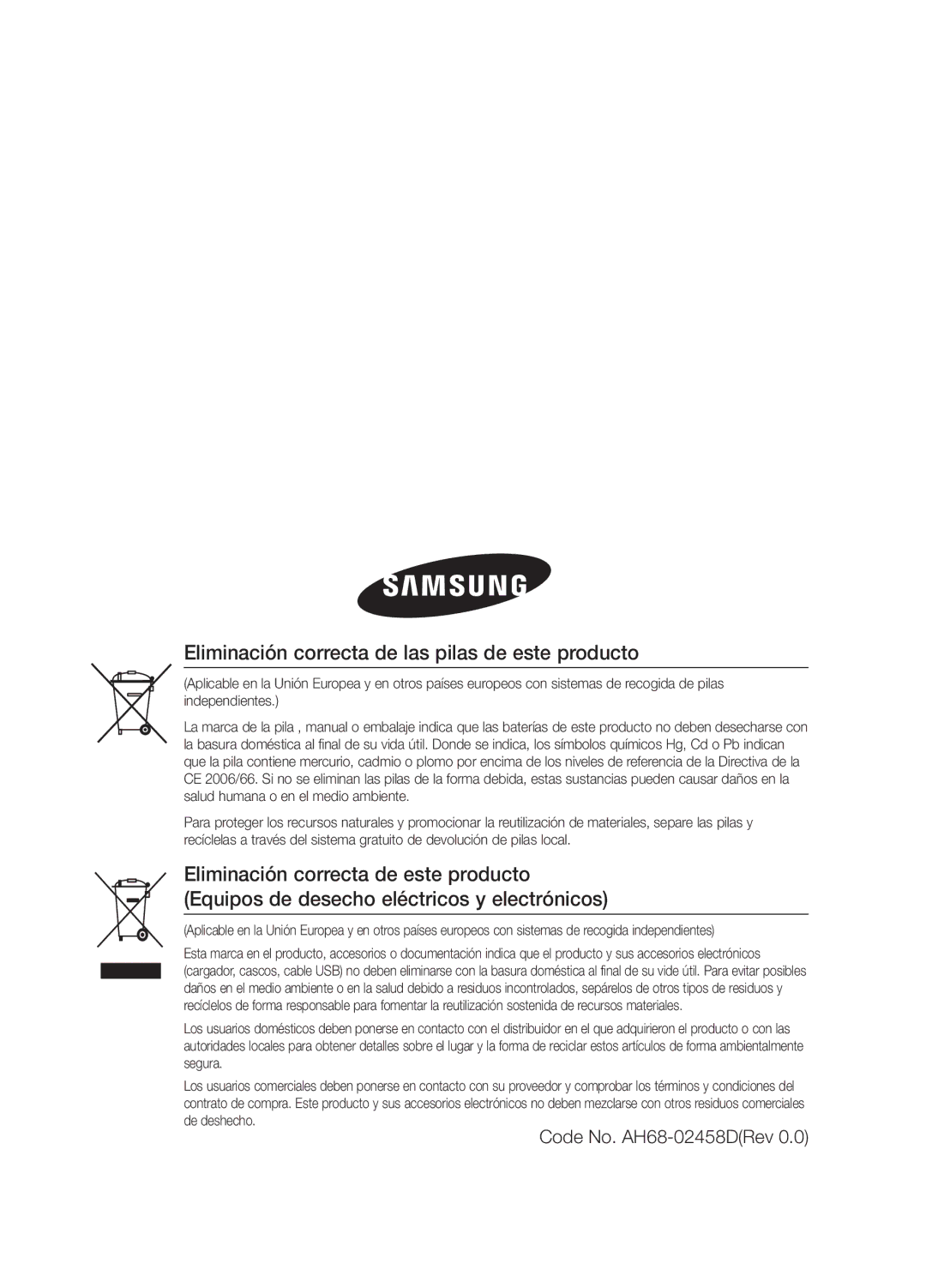 Samsung MM-E330D/ZF manual Eliminación correcta de las pilas de este producto, Code No. AH68-02458DRev 