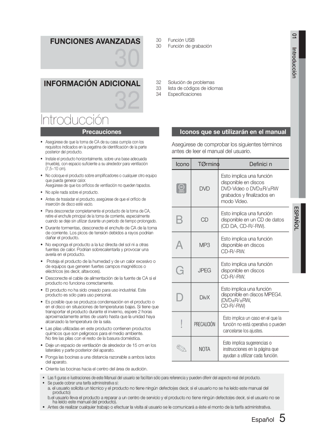 Samsung MM-E330D/ZF Introducción, Precauciones Iconos que se utilizarán en el manual, Antes de leer el manual del usuario 