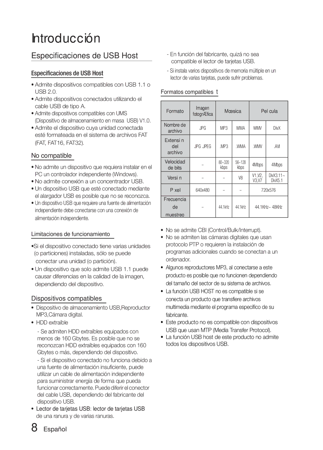 Samsung MM-E330D/ZF manual Especificaciones de USB Host, No compatible, Dispositivos compatibles 