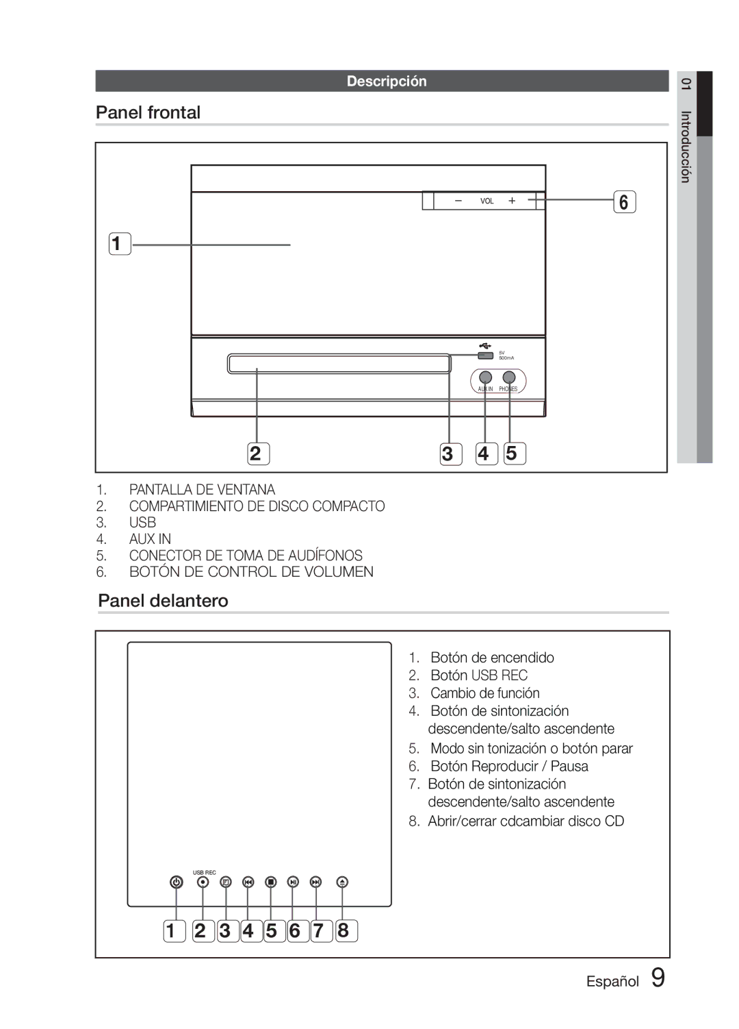 Samsung MM-E330D/ZF manual Panel frontal, Panel delantero, Descripción, Usb, Botón USB REC 