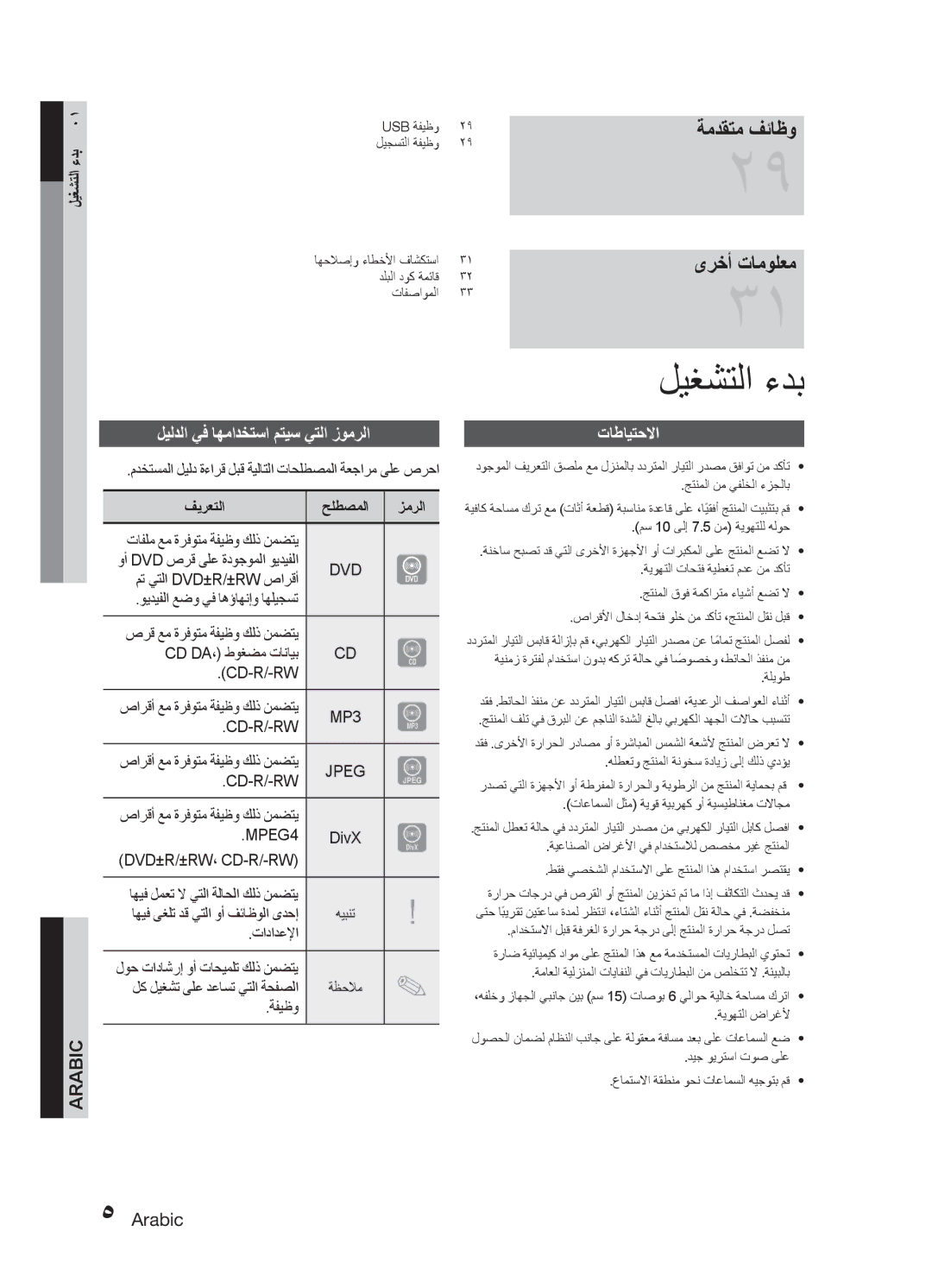 Samsung MM-E330D/UM, MM-E330D/ZN ليغشتلا ءدب, ةمدقتم فئاظو, ىرخأ تامولعم, ليلدلا يف اهمادختسا متيس يتلا زومرلا, تاطايتحلاا 