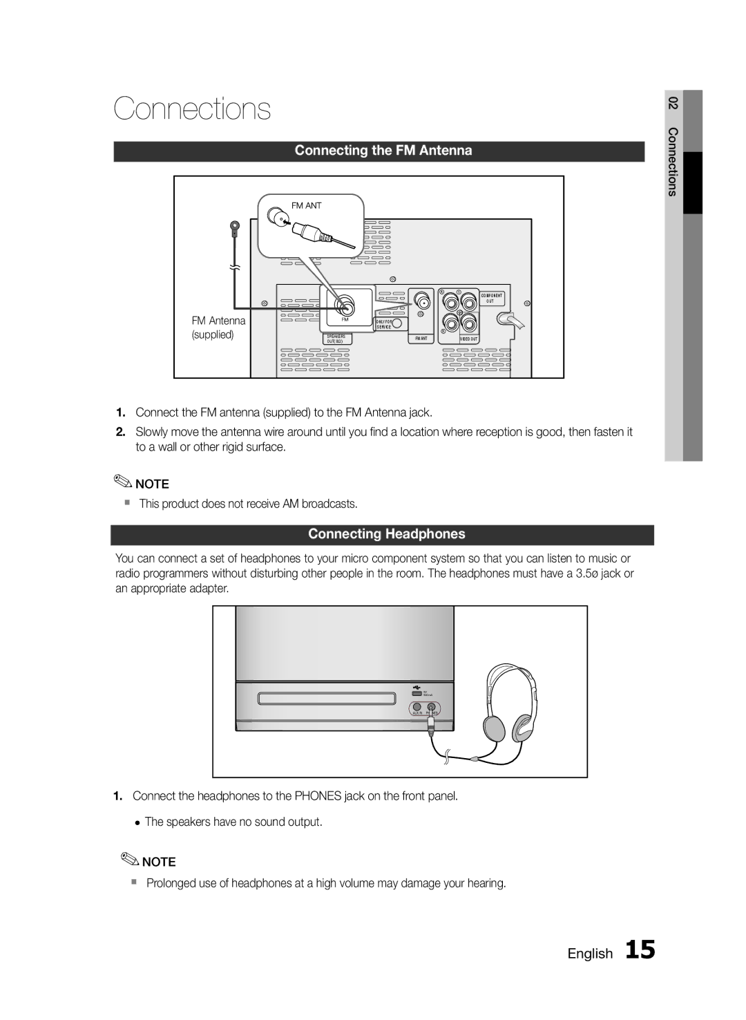 Samsung MM-E330D/UM, MM-E330D/ZN manual Connecting the FM Antenna, Connecting Headphones 