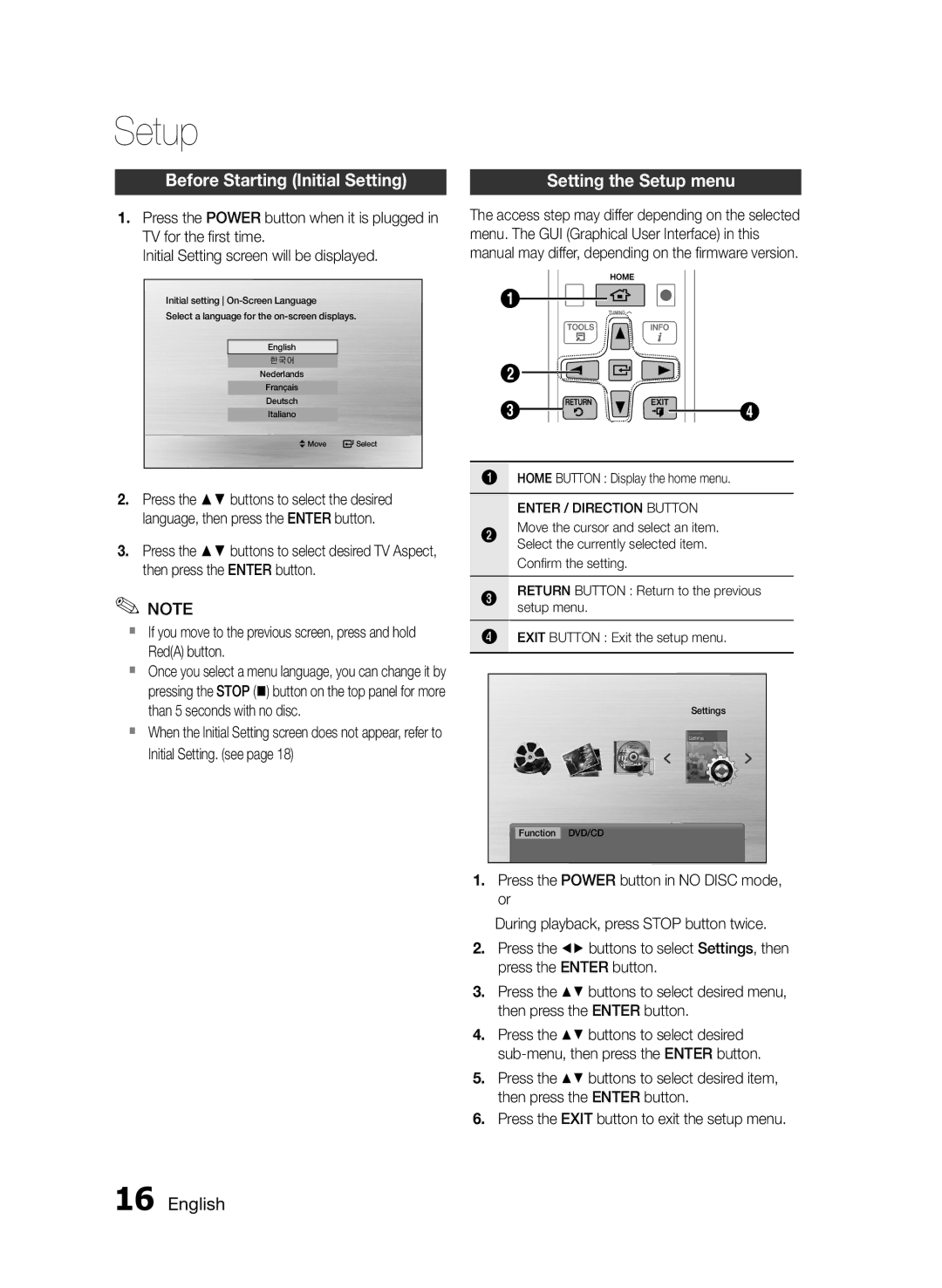 Samsung MM-E330D/ZN Setup, Before Starting Initial Setting, Home Button Display the home menu, Enter / Direction Button 