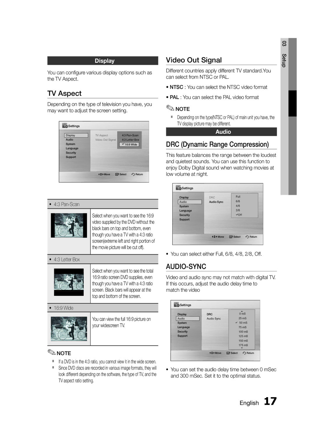 Samsung MM-E330D/UM, MM-E330D/ZN manual TV Aspect, Video Out Signal, Display, Audio 