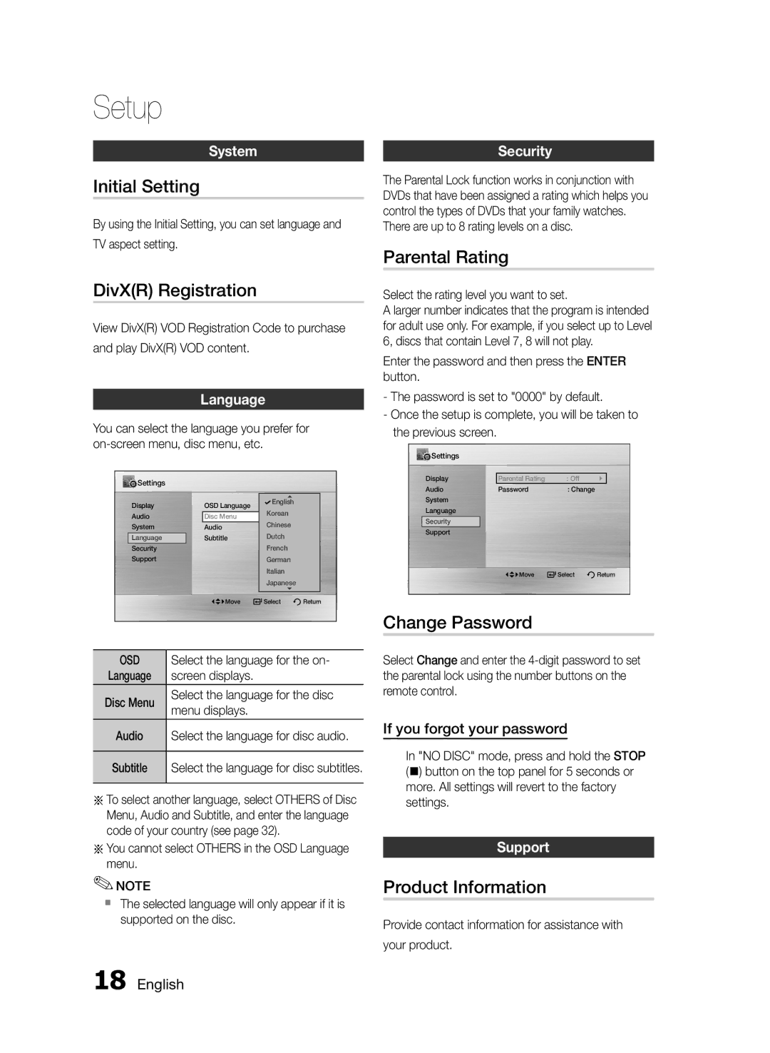 Samsung MM-E330D/ZN manual Initial Setting, DivXR Registration, Parental Rating, Change Password, Product Information 