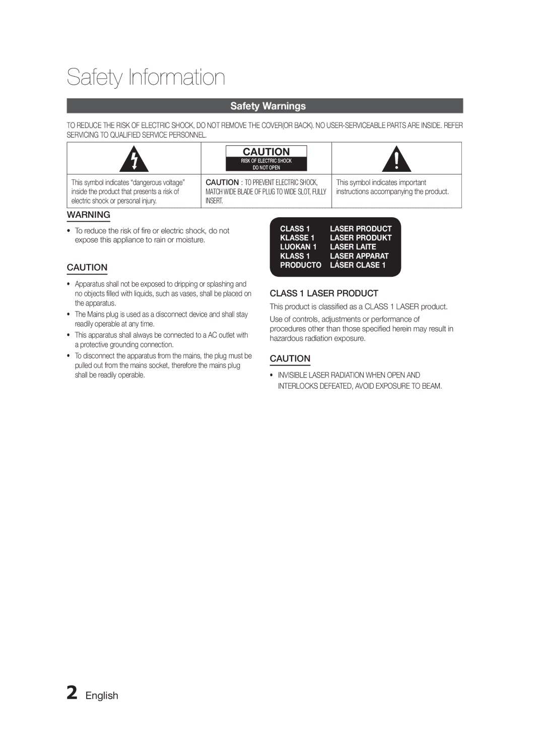 Samsung MM-E330D/ZN, MM-E330D/UM manual Safety Information, Safety Warnings, English, Class 1 Laser Product, Insert 