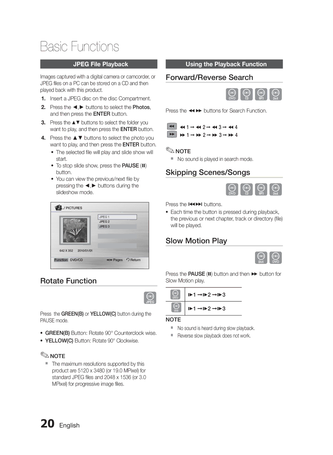 Samsung MM-E330D/ZN, MM-E330D/UM manual Rotate Function, Forward/Reverse Search, Skipping Scenes/Songs, Slow Motion Play 