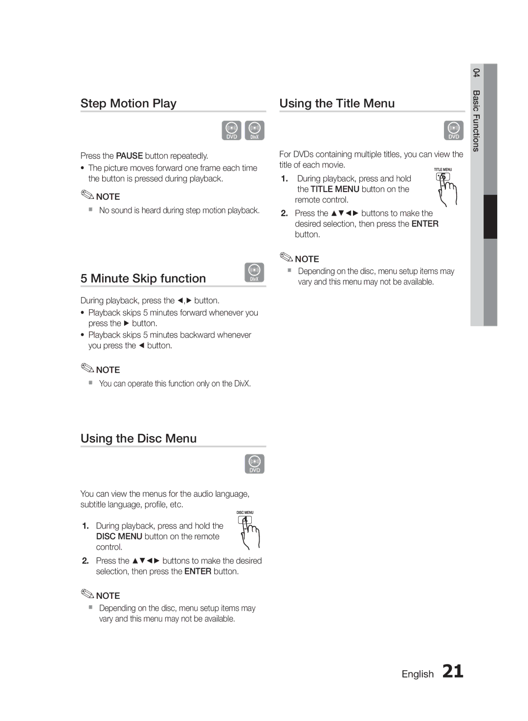 Samsung MM-E330D/UM, MM-E330D/ZN manual Step Motion Play, Minute Skip function, Using the Title Menu, Using the Disc Menu 