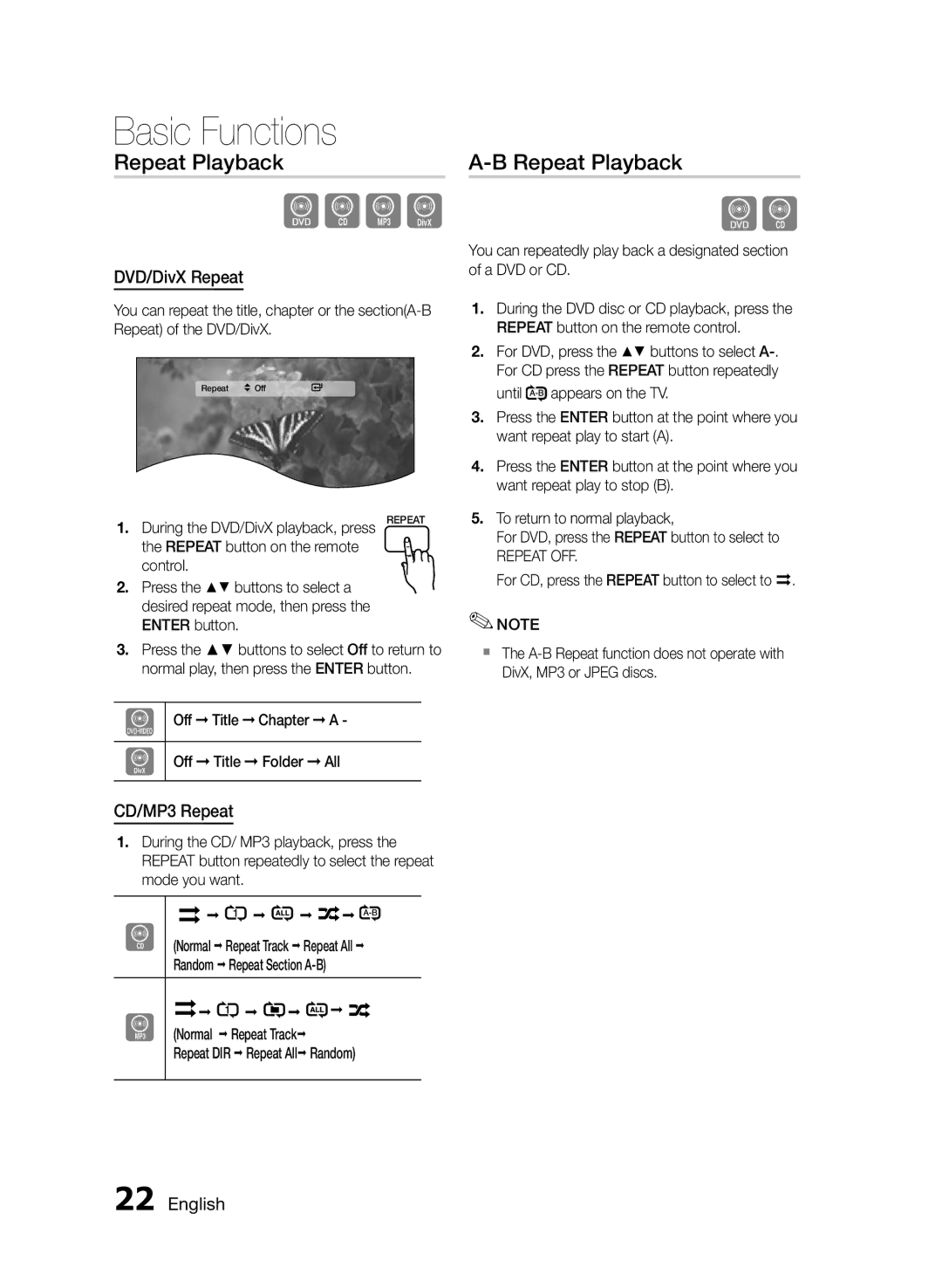 Samsung MM-E330D/ZN, MM-E330D/UM manual Repeat Playback, DVD/DivX Repeat, CD/MP3 Repeat, Repeat OFF 