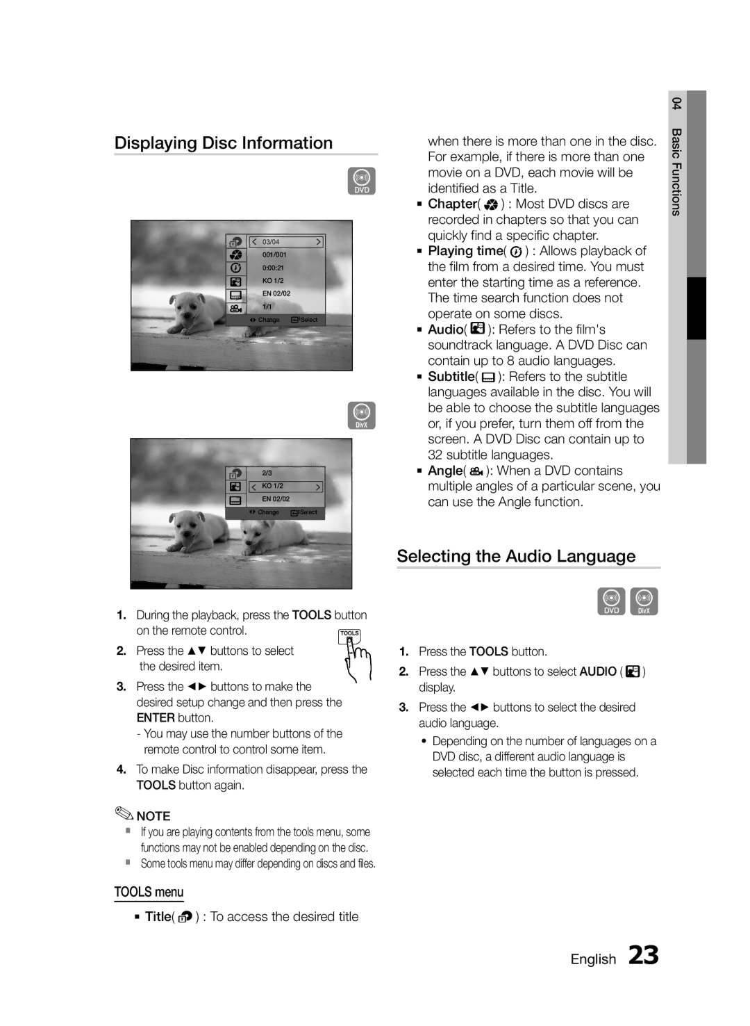 Samsung MM-E330D/UM, MM-E330D/ZN manual Displaying Disc Information, Selecting the Audio Language, Tools menu 