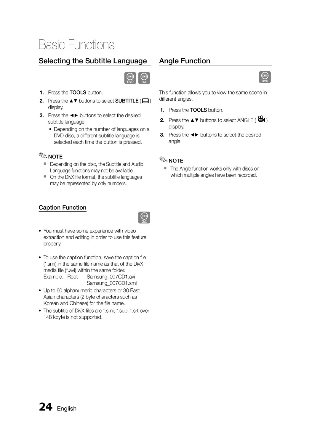 Samsung MM-E330D/ZN, MM-E330D/UM manual Selecting the Subtitle Language, Angle Function, Caption Function, Samsung007CD1.smi 