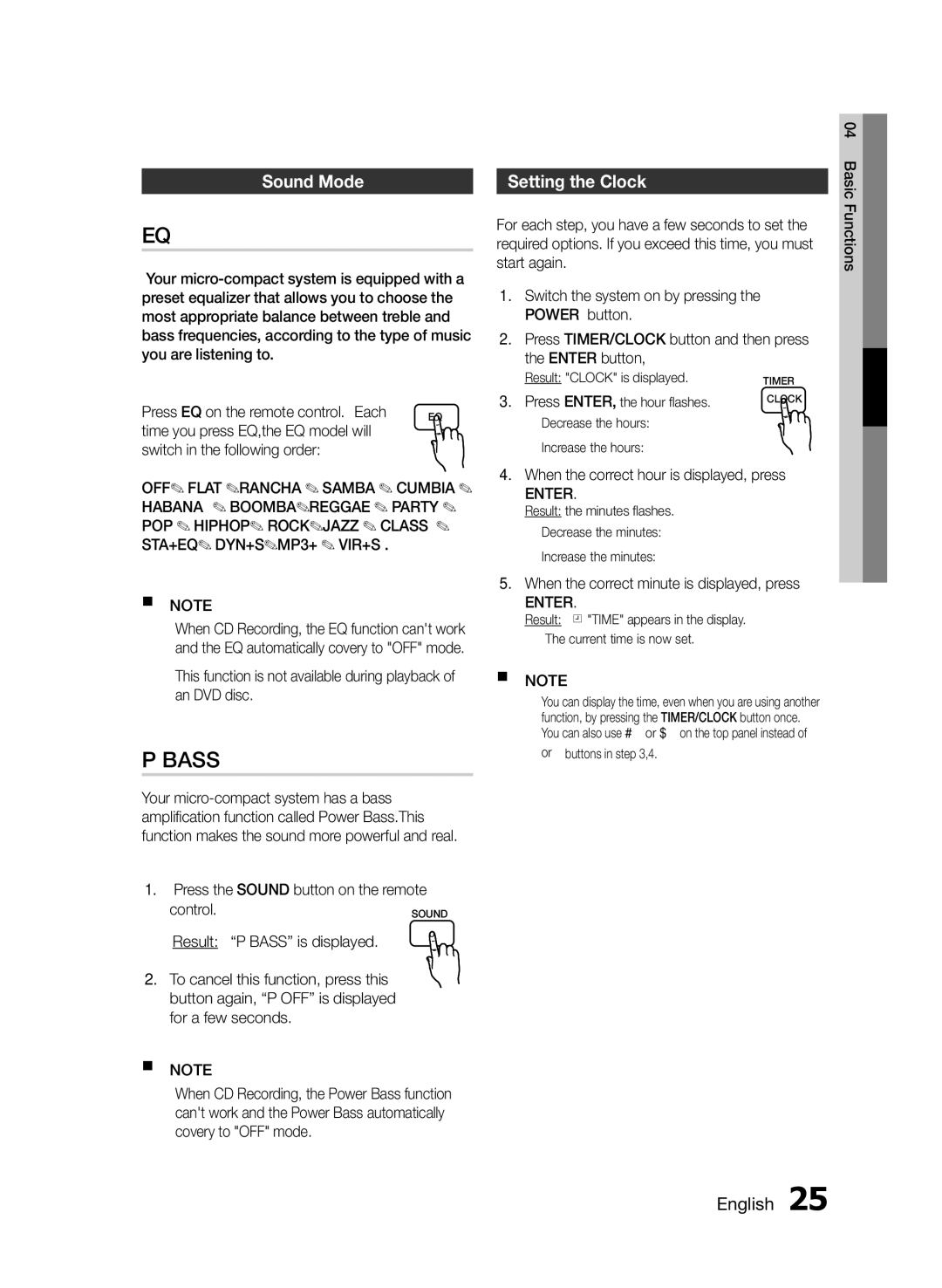 Samsung MM-E330D/UM, MM-E330D/ZN manual Sound Mode, Setting the Clock, When the correct hour is displayed, press, Enter 