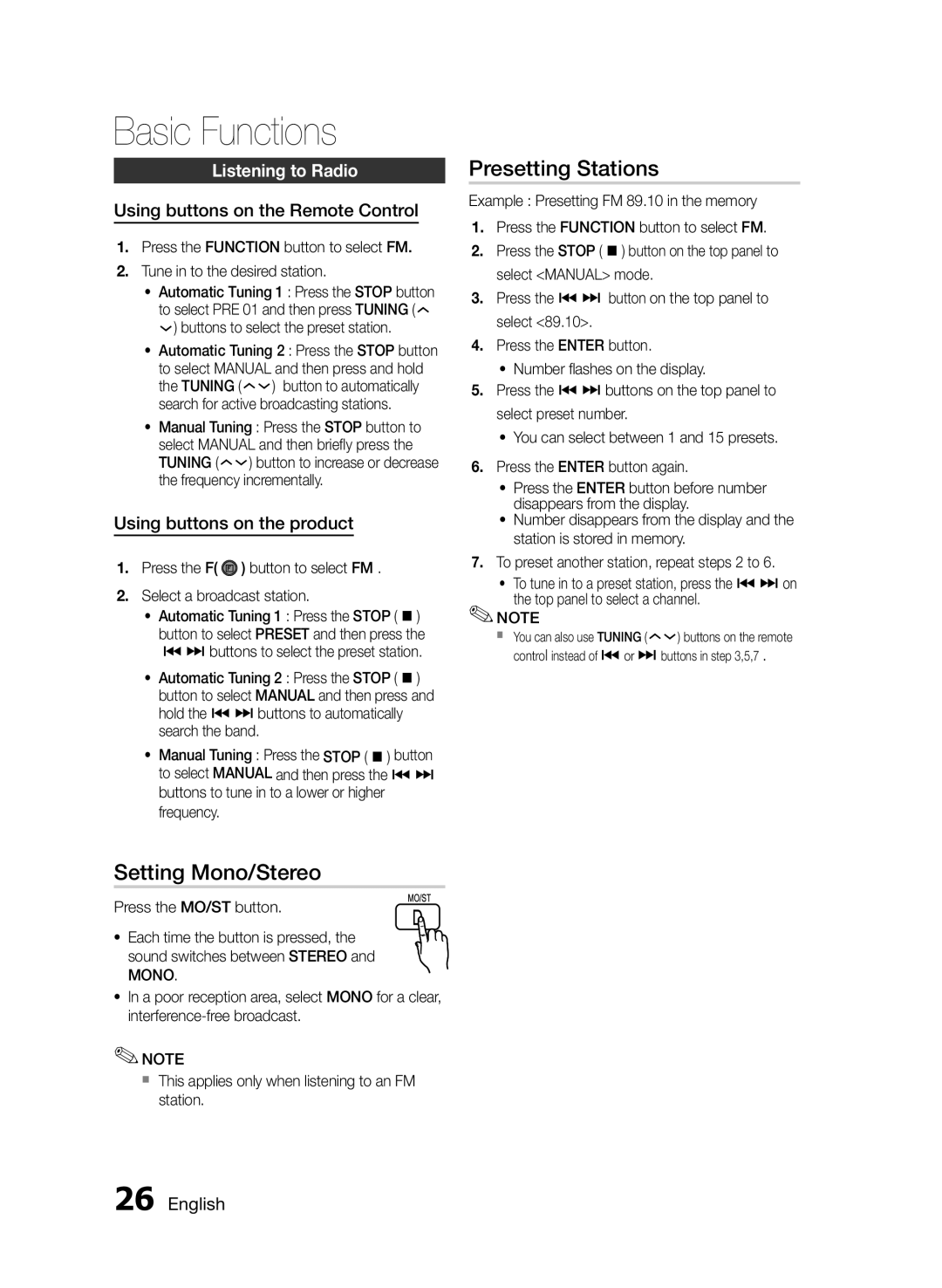 Samsung MM-E330D/ZN Setting Mono/Stereo, Presetting Stations, Listening to Radio, Using buttons on the Remote Control 