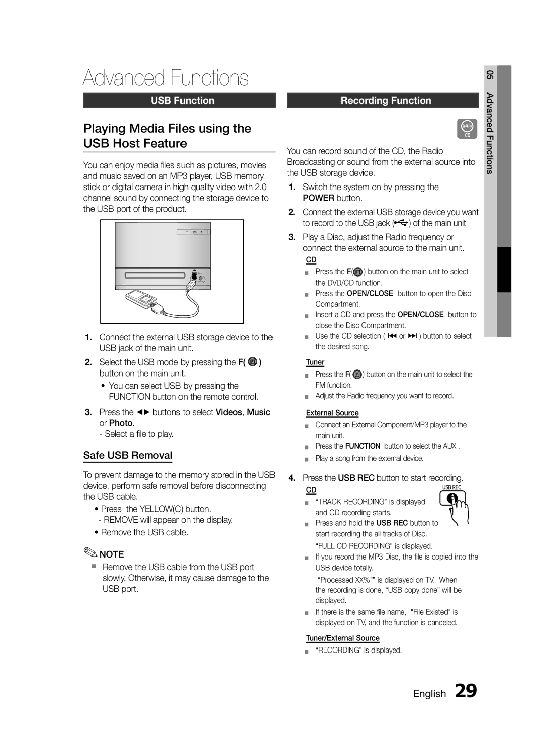 Samsung MM-E330D/UM Playing Media Files using the USB Host Feature, USB Function, Safe USB Removal, Recording Function 