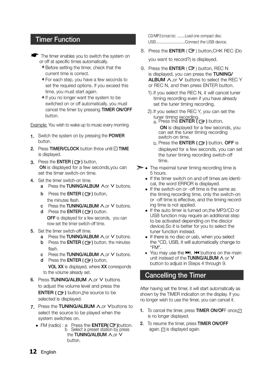 Samsung MM-D320/SQ, MM-E330/EN, MM-D320/RU manual Timer Function, Cancelling the Timer, TUNING/ALBUM ,,or Button English 