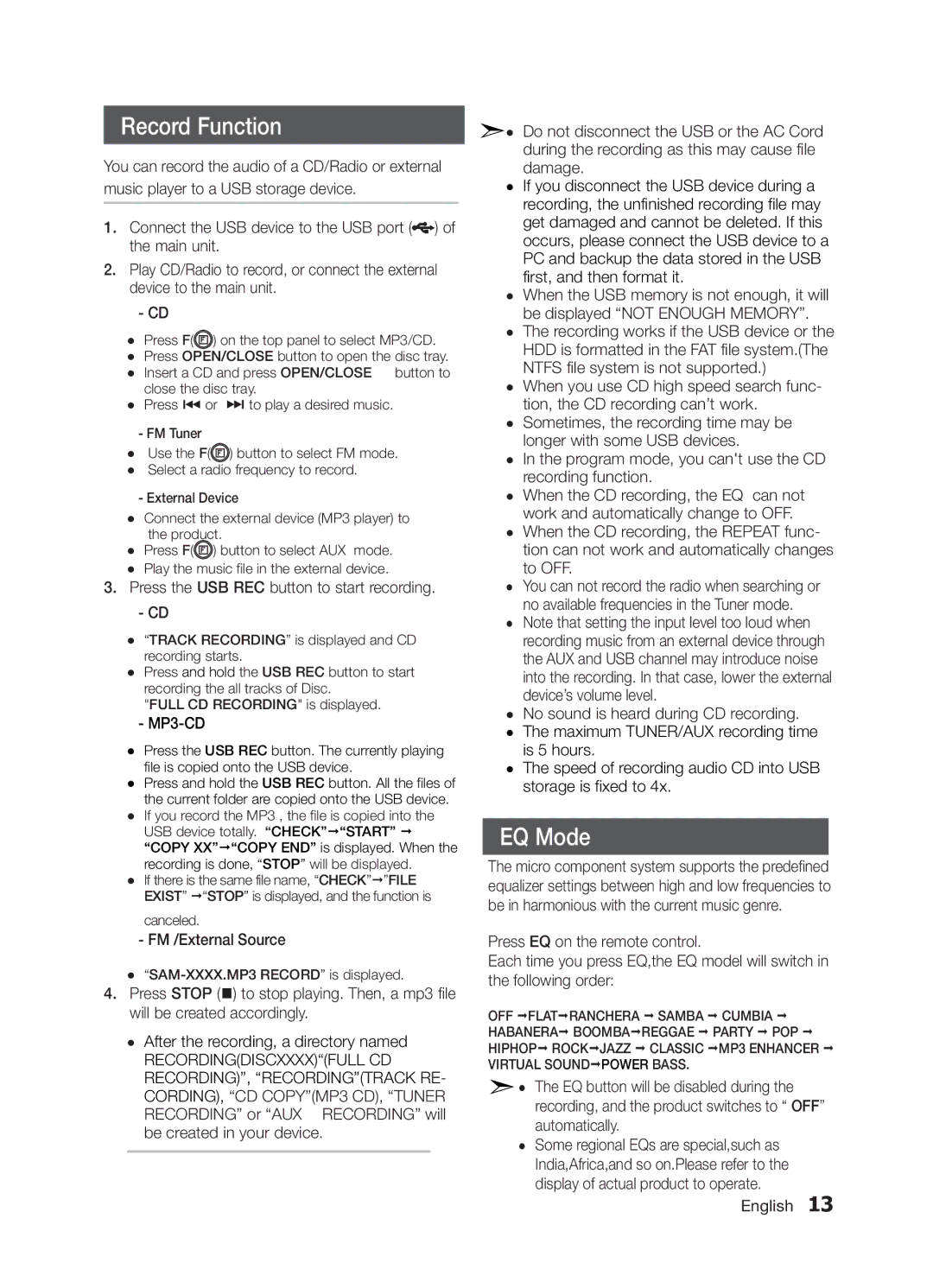 Samsung MM-E320/SQ Record Function, EQ Mode, Press the USB REC button to start recording, MP3-CD, FM /External Source 