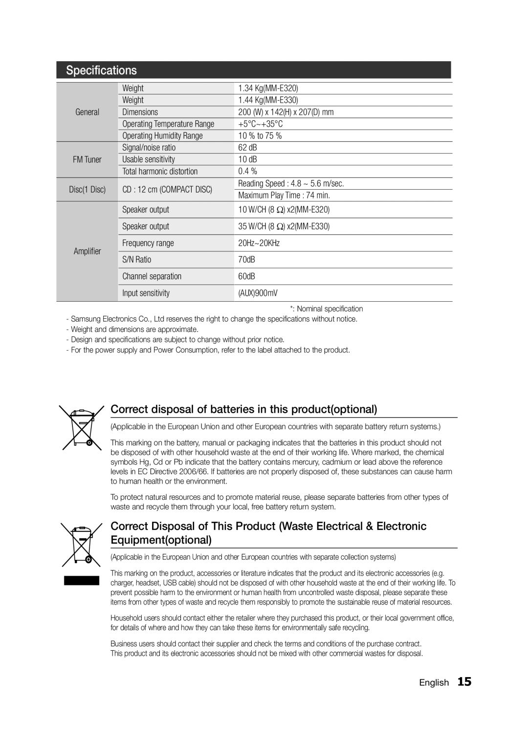 Samsung MM-D320/RU manual Weight KgMM-E320 KgMM-E330, Dimensions X 142H x 207D mm, +5C~+35C, Reading Speed 4.8 ~ 5.6 m/sec 