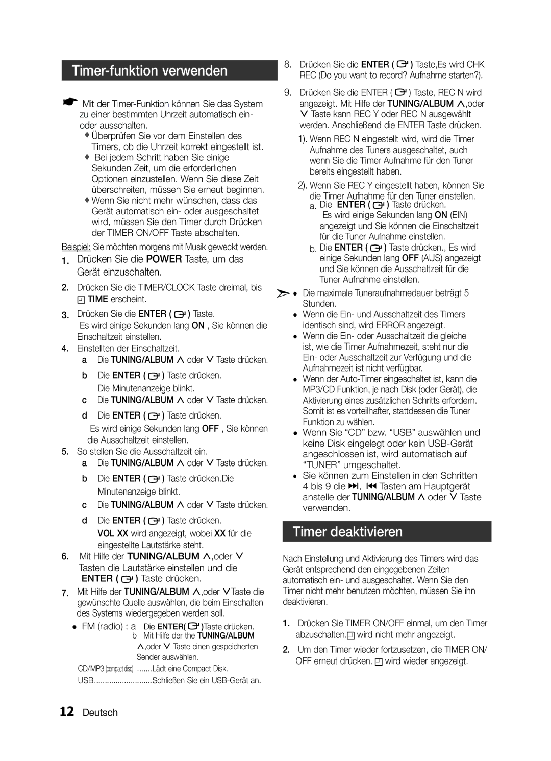 Samsung MM-E330/EN Timer-funktion verwenden, Timer deaktivieren, Drücken Sie die Power Taste, um das Gerät einzuschalten 