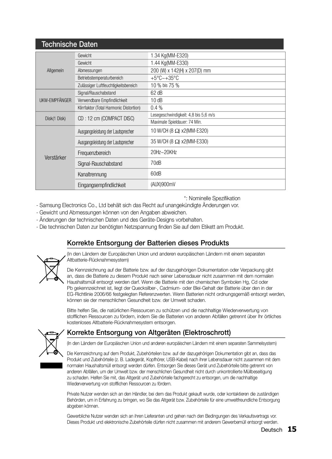 Samsung MM-D320/EN KgMM-E320, KgMM-E330, X 142H x 207D mm, +5C~+35C, 10 % bis 75 %, 62 dB, 10 dB, 10 W/CH 8 Ω x2MM-E320 