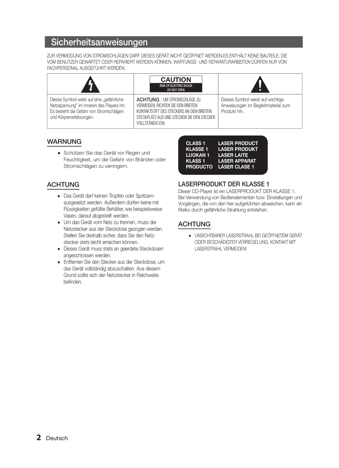 Samsung MM-E320/EN Sicherheitsanweisungen, Deutsch, Dieses Symbol weist auf wichtige, Produkt hin, Und Körperverletzungen 