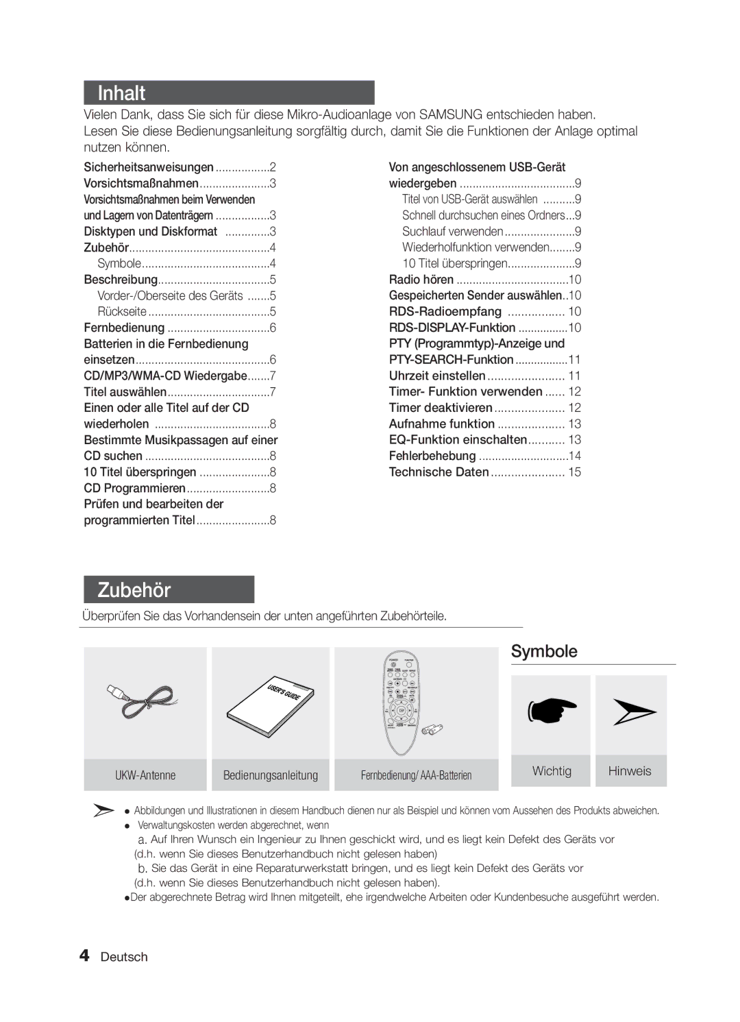 Samsung MM-E330/ZF, MM-E330/EN, MM-D320/RU, MM-E320/EN, MM-D320/EN, MM-E320/ZF manual Inhalt, Zubehör 