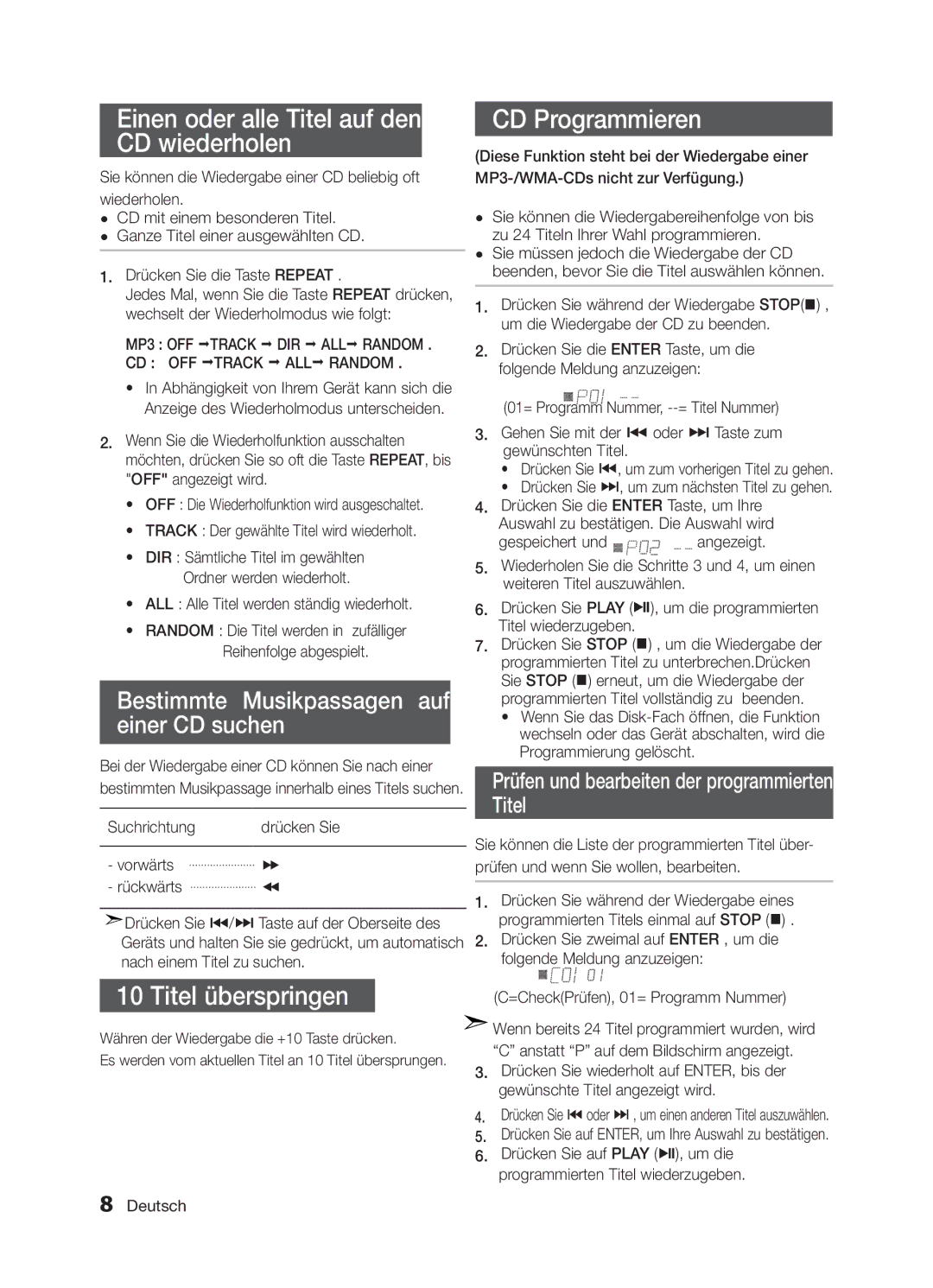 Samsung MM-E320/EN, MM-E330/EN manual Einen oder alle Titel auf den CD wiederholen, Titel überspringen CD Programmieren 