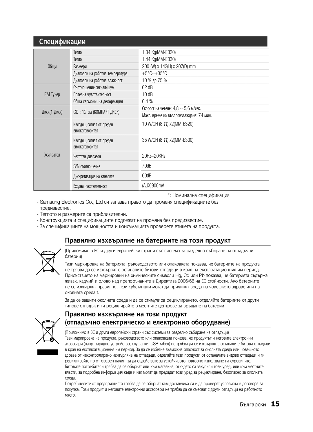 Samsung MM-E330/EN, MM-E320/EN, MM-D320/EN manual Спецификации 