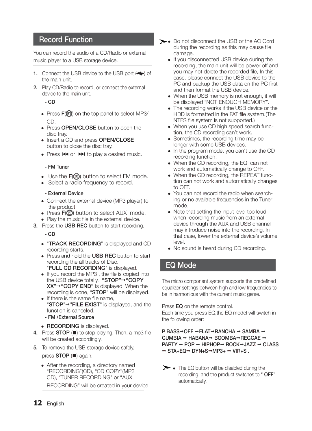 Samsung MM-E320/SQ, MM-E330/EN, MM-E320/EN, MM-E330/ZF, MM-E320/ZF, MM-E320/ZX, MM-E330D/SQ manual Record Function, EQ Mode 