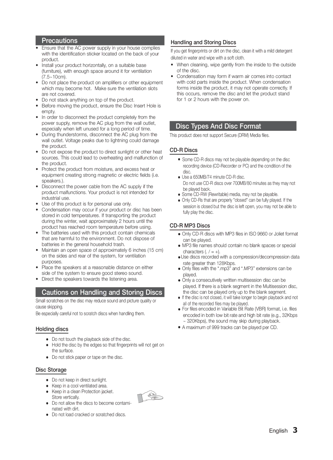 Samsung MM-E320/ZF, MM-E330/EN manual Holding discs, Disc Storage, Handling and Storing Discs, CD-R Discs, CD-R MP3 Discs 