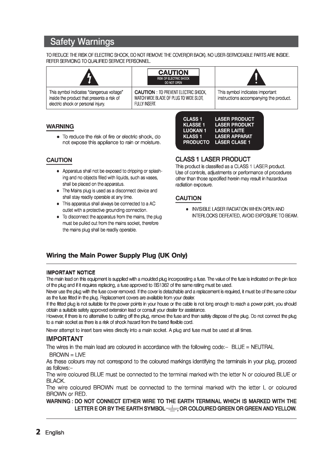 Samsung MM-E330/ZF, MM-E330/EN manual Safety Warnings, CLASS 1 LASER PRODUCT, Wiring the Main Power Supply Plug UK Only 