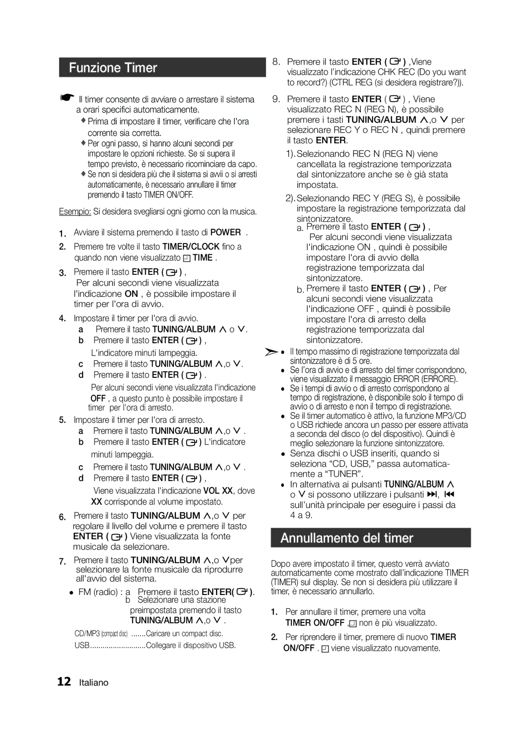 Samsung MM-E330/ZF, MM-E330/EN, MM-E320/EN, MM-E320/ZF manual Funzione Timer, Annullamento del timer, Corrente sia corretta 