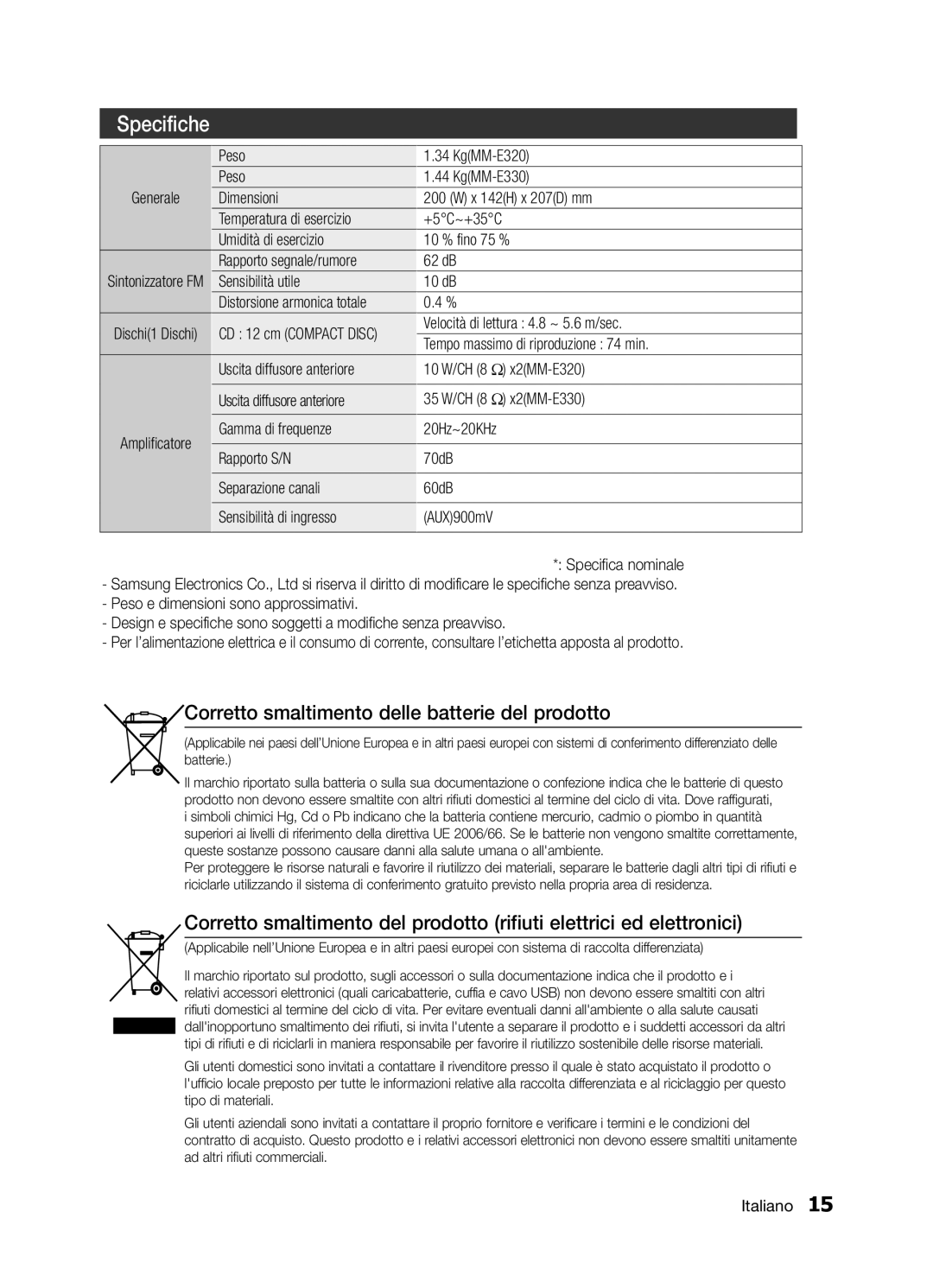 Samsung MM-E330/EN, MM-E320/EN, MM-E330/ZF Peso KgMM-E320 KgMM-E330, Sensibilità utile 10 dB Distorsione armonica totale 