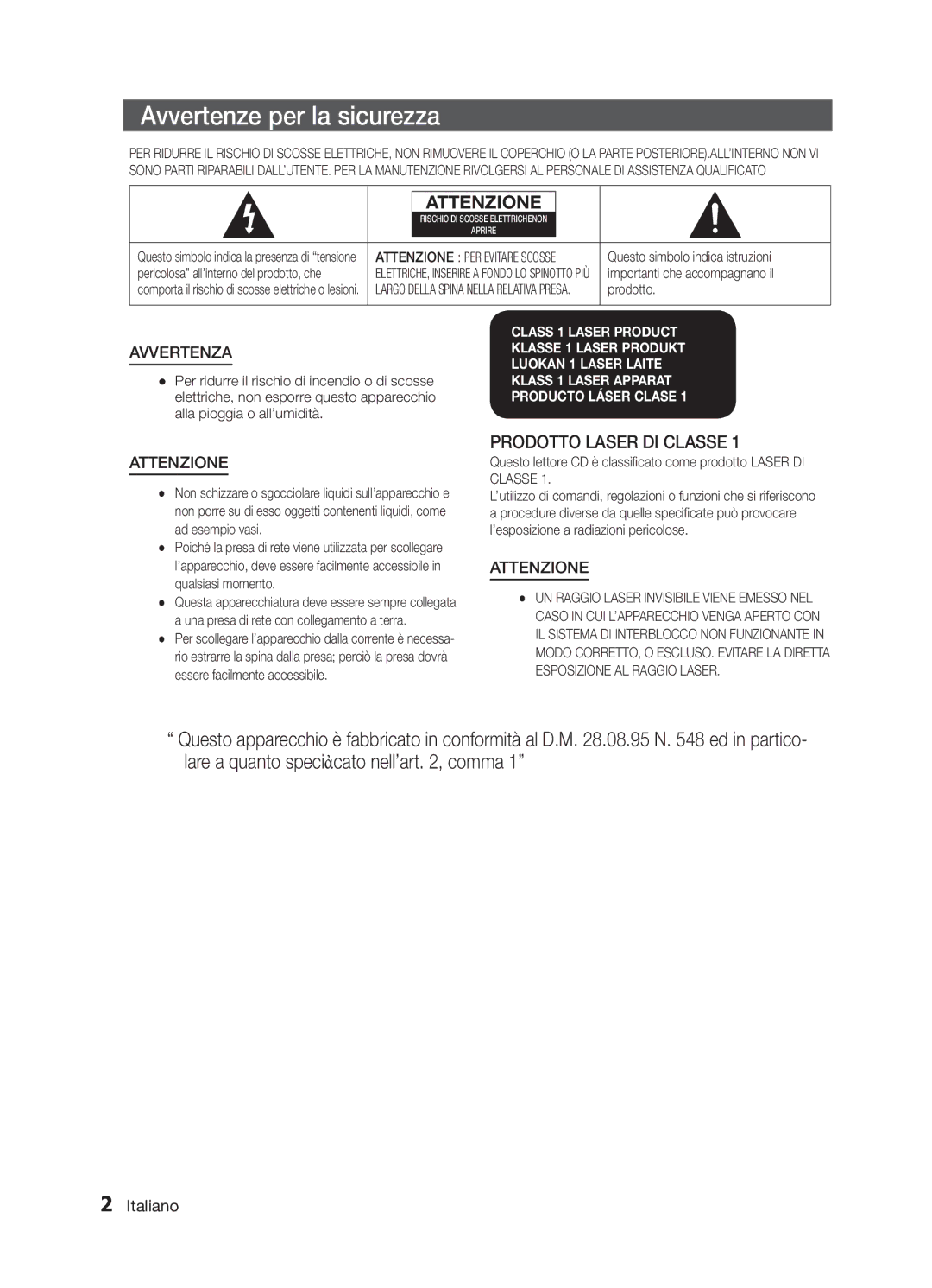 Samsung MM-E330/ZF, MM-E330/EN, MM-E320/EN, MM-E320/ZF manual Avvertenze per la sicurezza, Avvertenza, Attenzione, Italiano 