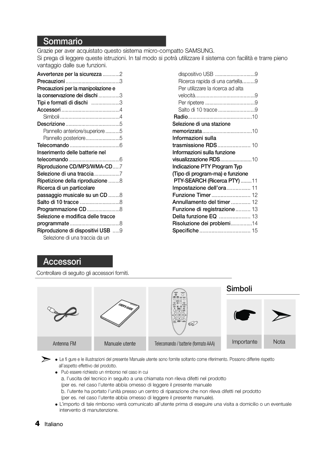 Samsung MM-E320/ZX, MM-E330/EN, MM-E320/EN, MM-E330/ZF, MM-E320/ZF manual Sommario, Accessori 