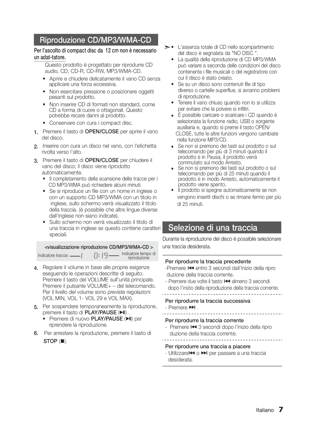 Samsung MM-E330/ZF manual Selezione di una traccia, Riproduzione CD/MP3/WMA-CD, Visualizzazione riproduzione CD/MP3/WMA-CD 