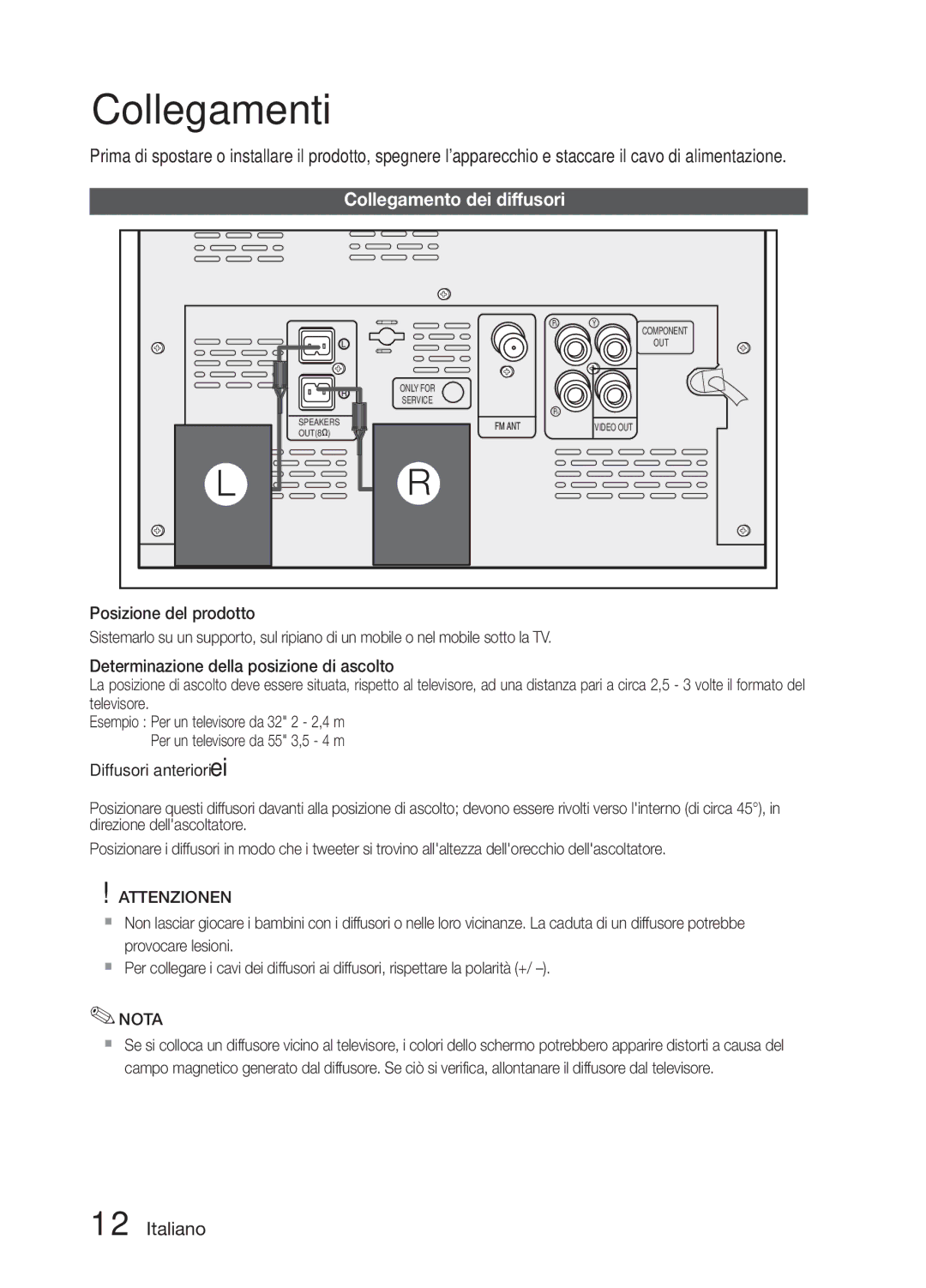 Samsung MM-E330/EN, MM-E330D/EN, MM-E330/ZF, MM-E330D/ZF manual Collegamenti, Collegamento dei diffusori 