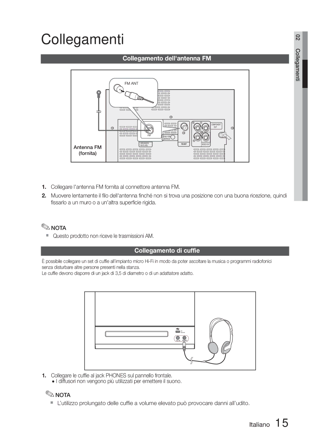 Samsung MM-E330D/ZF Collegamento dellantenna FM, Collegamento di cuffie,  Questo prodotto non riceve le trasmissioni AM 