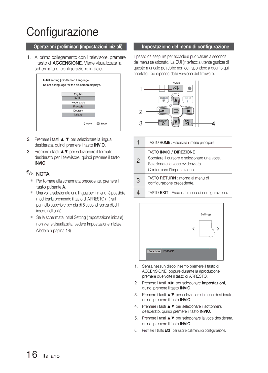 Samsung MM-E330/EN manual Configurazione, Impostazione del menu di configurazione, Tasto Home visualizza il menu principale 