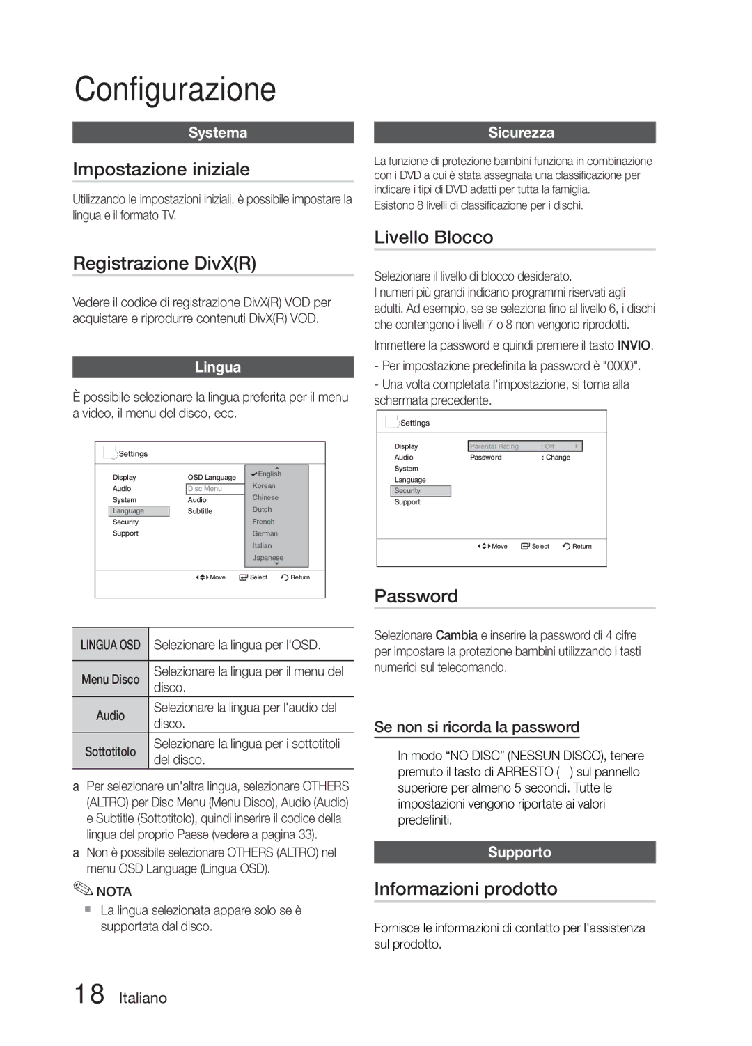 Samsung MM-E330/ZF, MM-E330/EN Impostazione iniziale, Registrazione DivXR, Livello Blocco, Password, Informazioni prodotto 