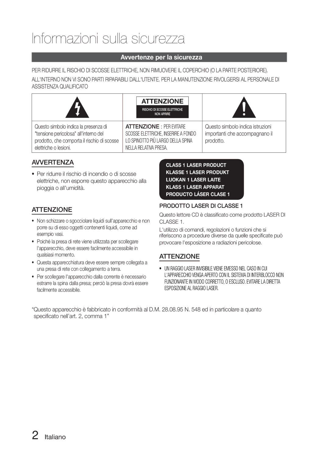 Samsung MM-E330/ZF Informazioni sulla sicurezza, Avvertenze per la sicurezza, Italiano, Prodotto, Elettriche o lesioni 