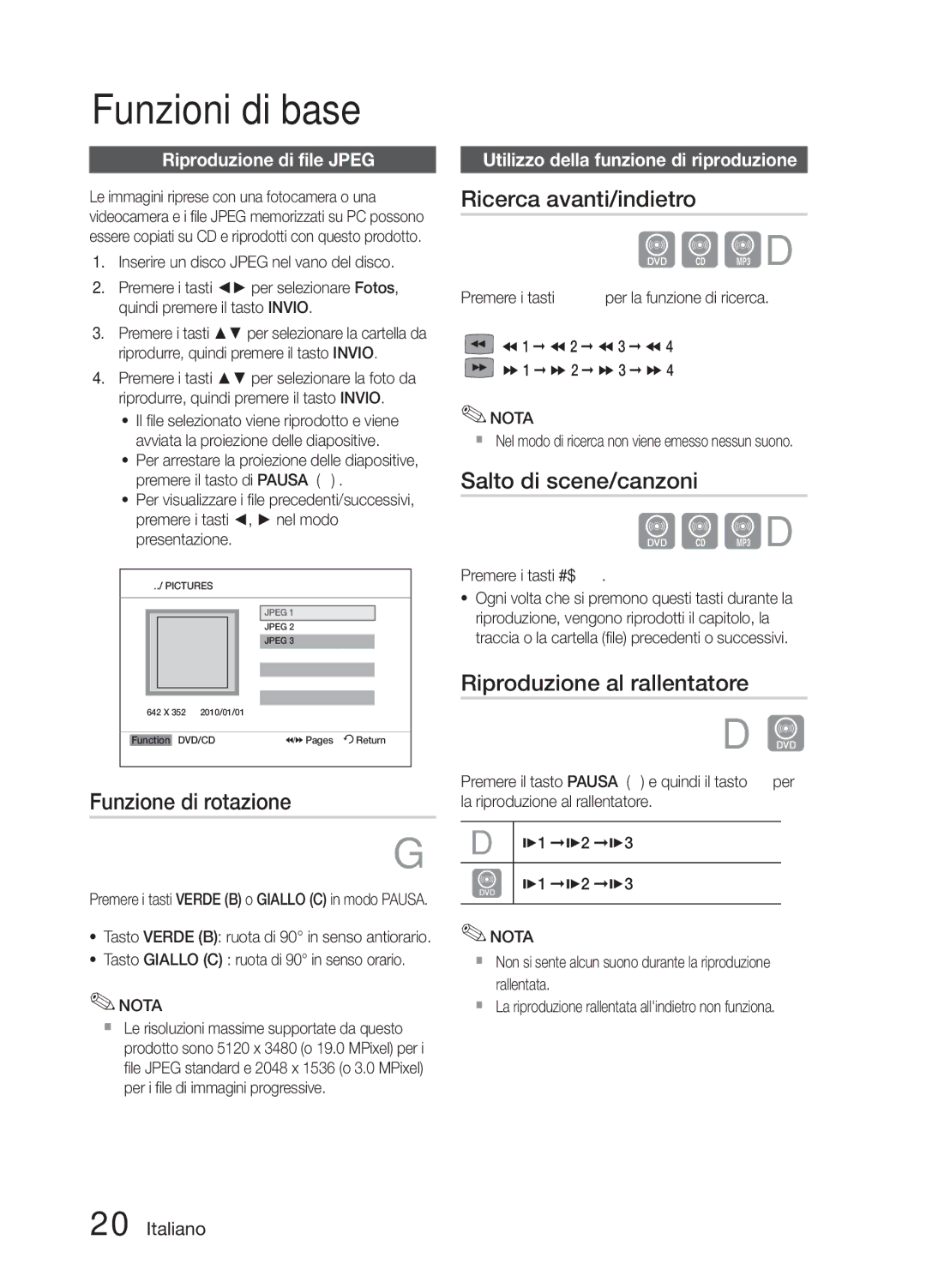 Samsung MM-E330/EN Funzione di rotazione, Ricerca avanti/indietro, Salto di scene/canzoni, Riproduzione al rallentatore 