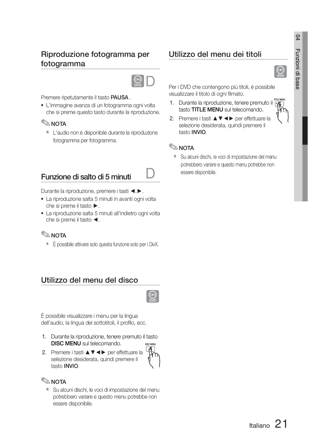 Samsung MM-E330D/EN Riproduzione fotogramma per fotogramma, Funzione di salto di 5 minuti, Utilizzo del menu dei titoli 