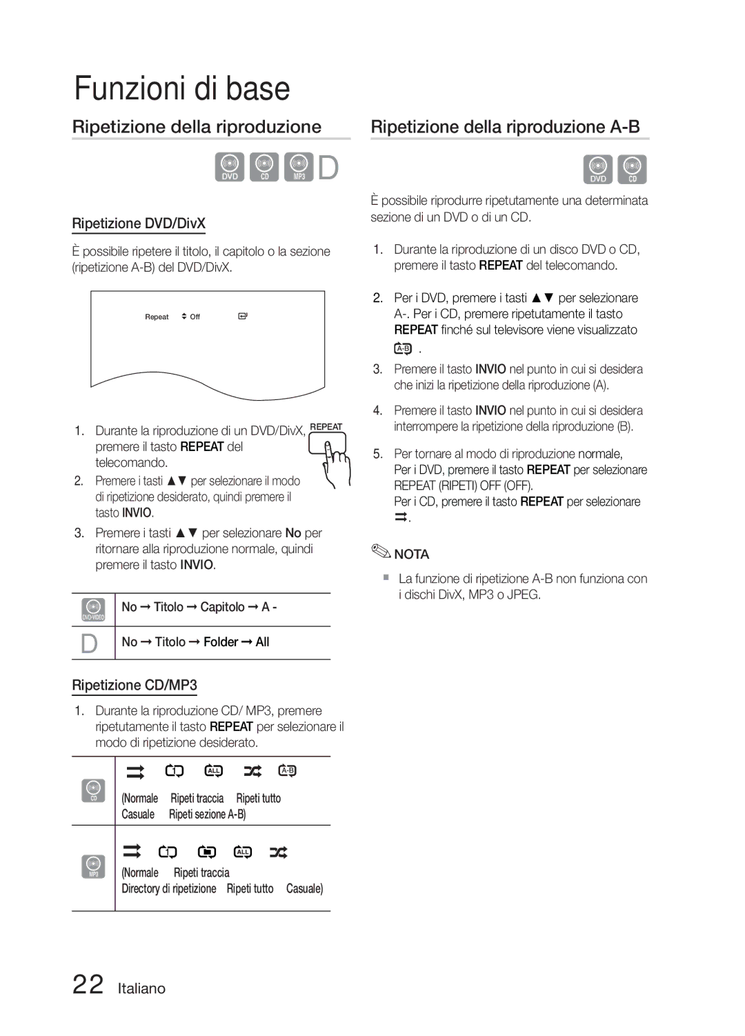 Samsung MM-E330/ZF, MM-E330/EN manual Ripetizione della riproduzione A-B, Ripetizione DVD/DivX, Ripetizione CD/MP3 