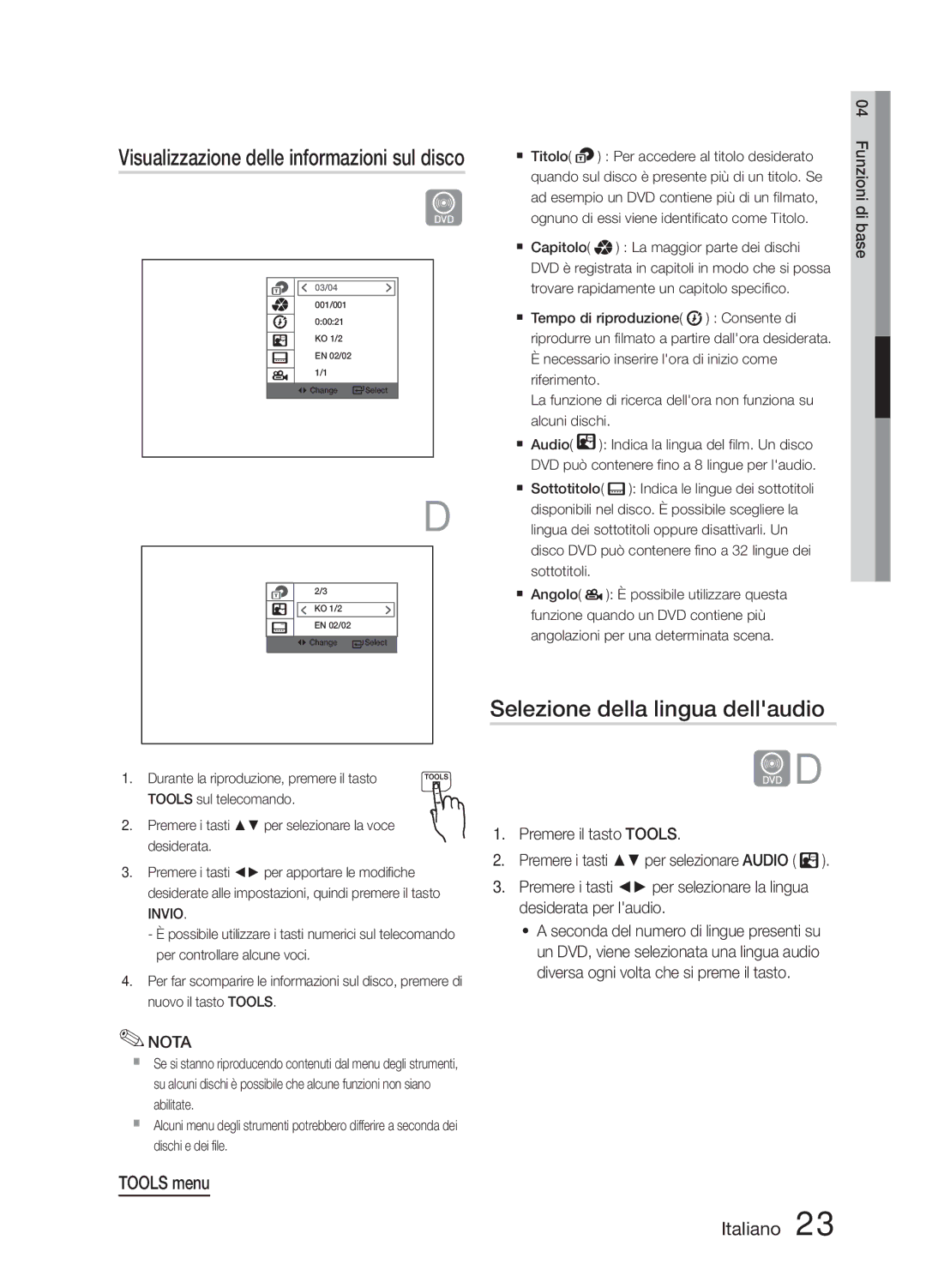 Samsung MM-E330D/ZF, MM-E330/EN, MM-E330D/EN, MM-E330/ZF manual Selezione della lingua dellaudio, Tools menu Italiano 