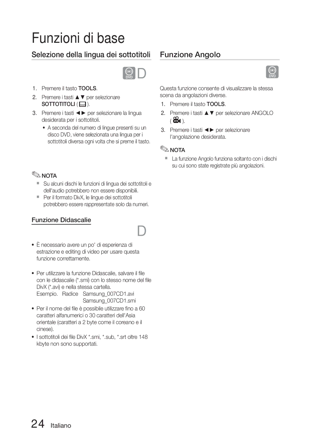 Samsung MM-E330/EN, MM-E330D/EN, MM-E330/ZF Selezione della lingua dei sottotitoli, Funzione Angolo, Funzione Didascalie 