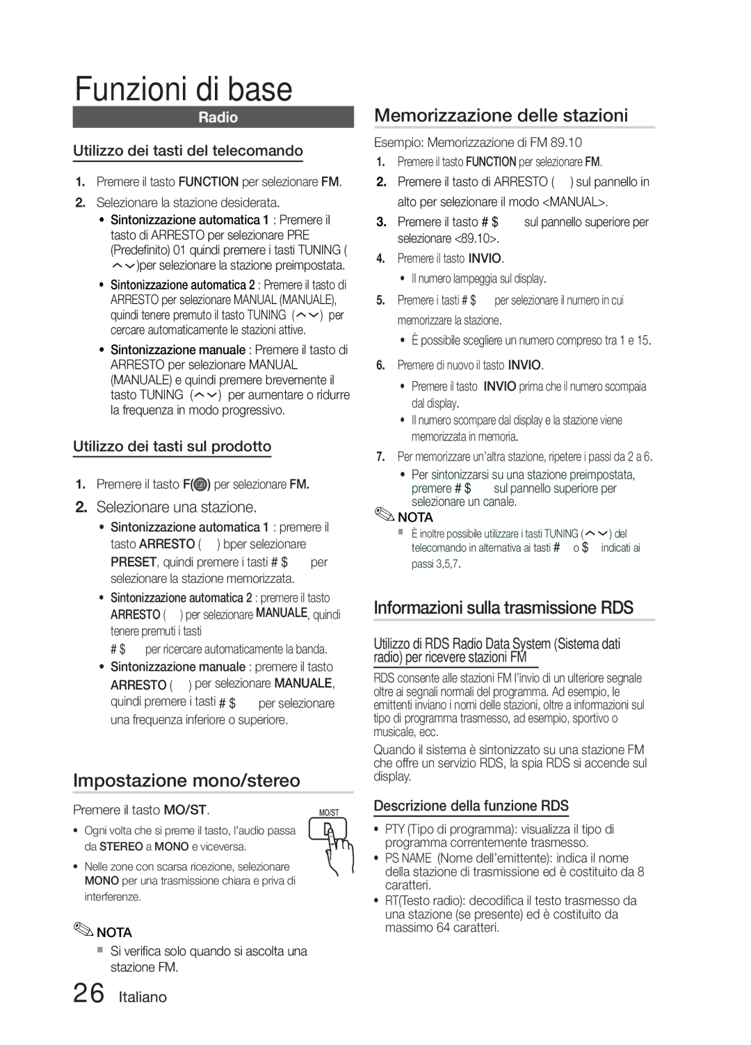 Samsung MM-E330/ZF Impostazione mono/stereo, Memorizzazione delle stazioni, Informazioni sulla trasmissione RDS, Radio 