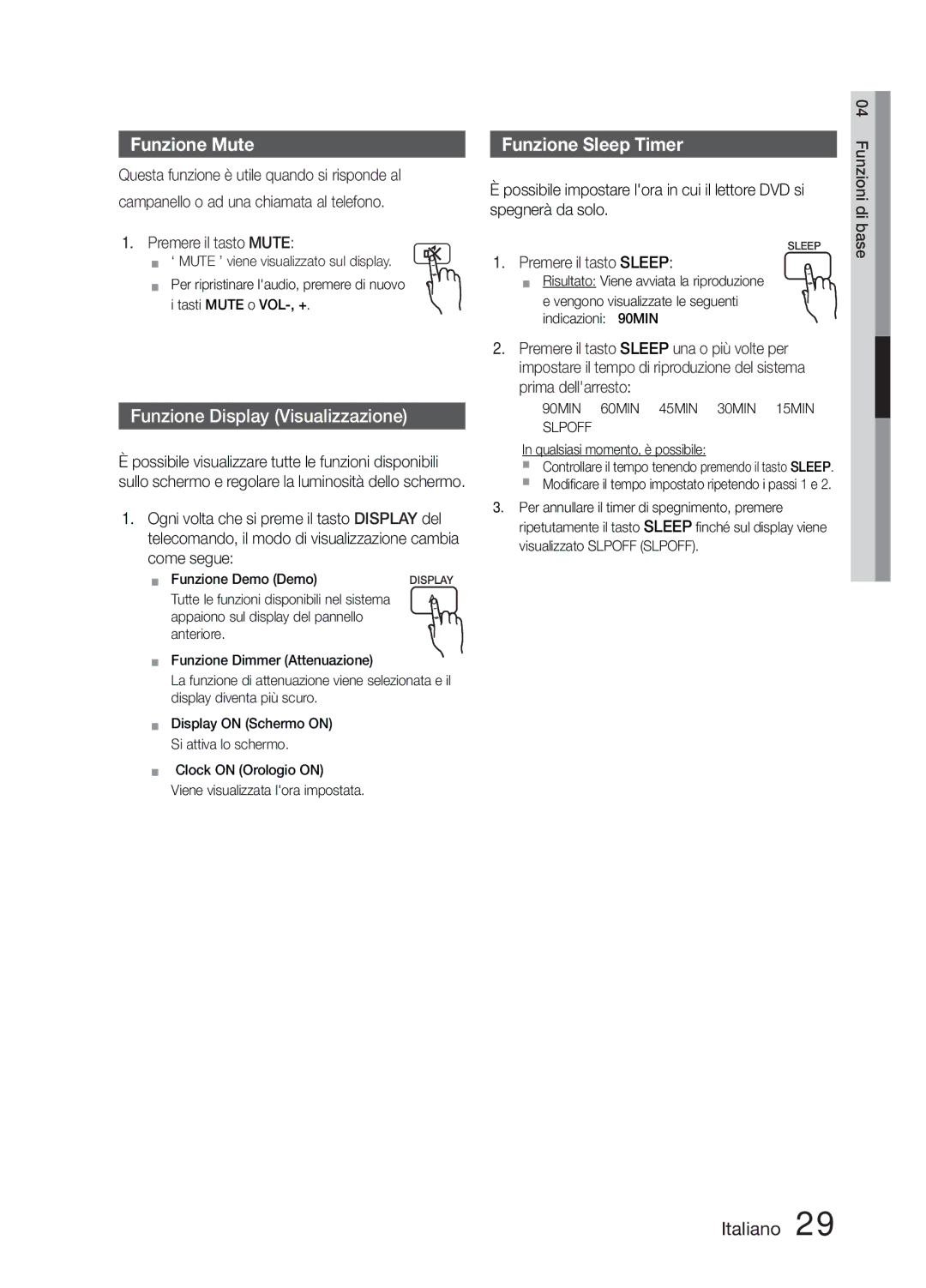 Samsung MM-E330D/EN, MM-E330/EN manual Funzione Mute, Funzione Sleep Timer, Premere il tasto Mute, Premere il tasto Sleep 