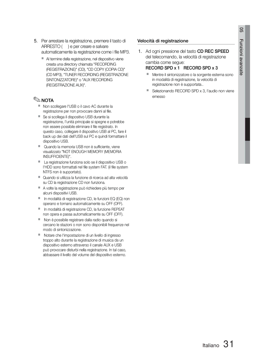 Samsung MM-E330D/ZF, MM-E330/EN, MM-E330D/EN, MM-E330/ZF manual Velocità di registrazione 