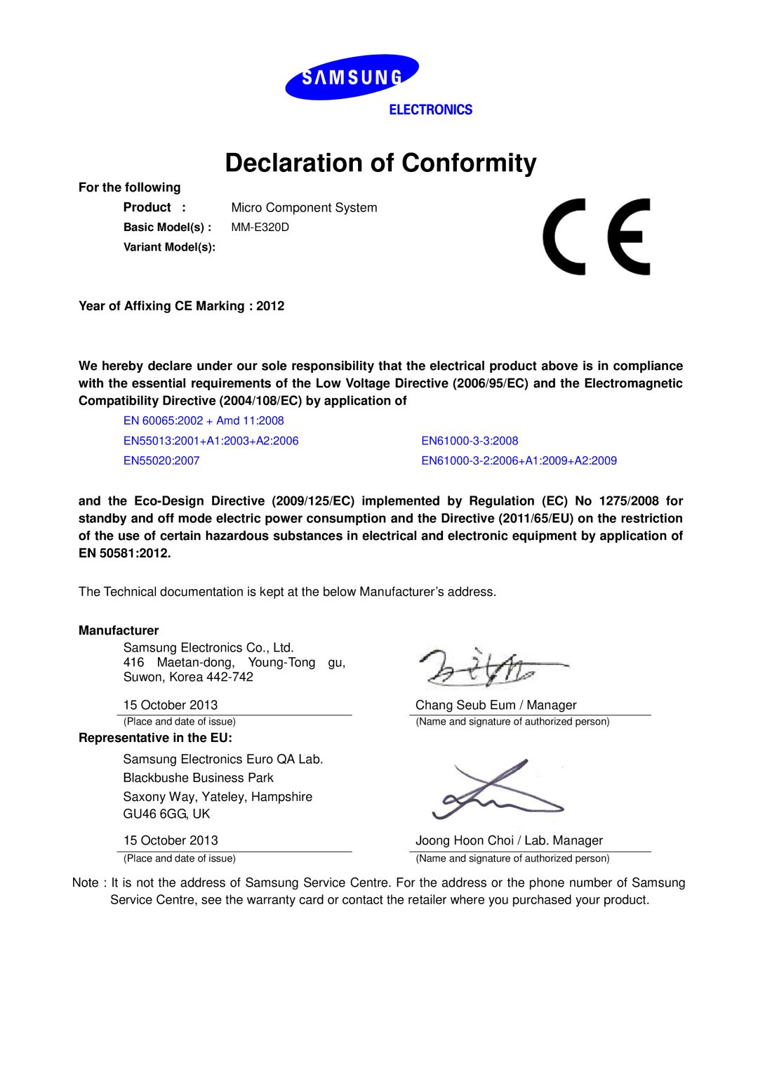 Samsung MM-E330D/XN manual Declaration of Conformity, For the following, Manufacturer, Representative in the EU 