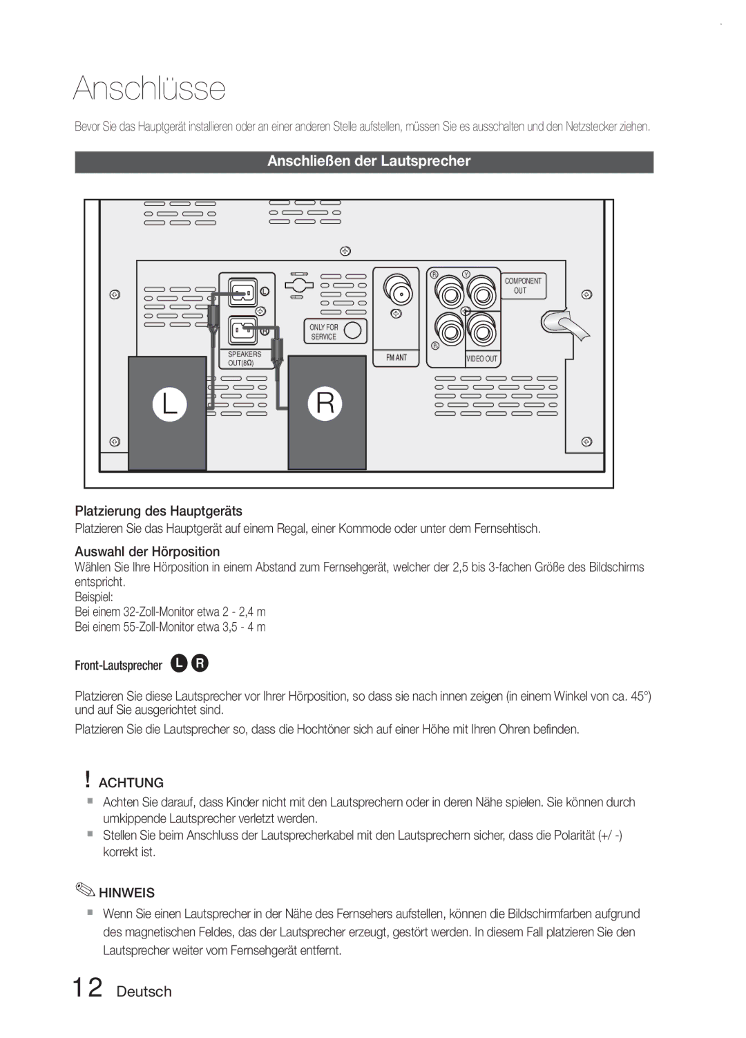 Samsung MM-E330D/EN, MM-E330/EN, MM-E330D/XN, MM-E330/ZF, MM-E330D/ZF manual Anschlüsse, Anschließen der Lautsprecher 